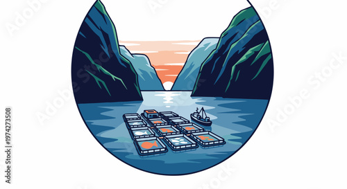 Pixel art of a fish farm with nets and a boat in a fjord at sunset