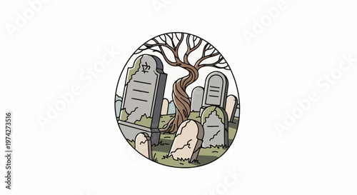 A cartoonish graveyard scene with tombstones and a gnarled tree within an oval frame