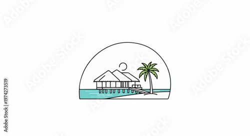 Tropical bungalow with palm tree over clear blue water under a crescent sun