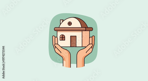 Two hands gently cradle a stylized house with a rounded roof