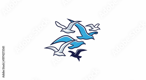 A flock of stylized seagulls soar across a white background, some in blue and white