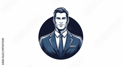Stylized illustration of a formally dressed man in a dark circular frame