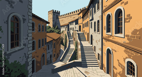 A pixelated view of an ancient European town with stone buildings and a fortress