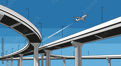 Stylized elevated highway interchange with a jet flying overhead