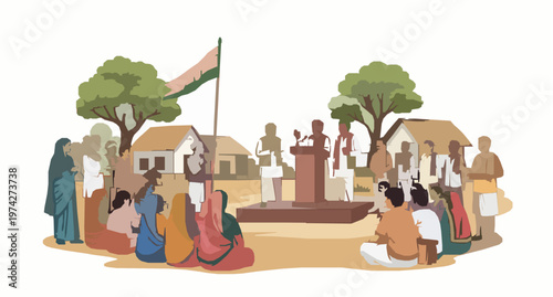 Indian Rural Village Political Meeting with Candidates and Villagers Vector Illustration