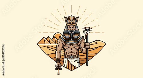 Stylized ancient ruler with headdress and royal regalia in a desert landscape with pyramids and sun rays