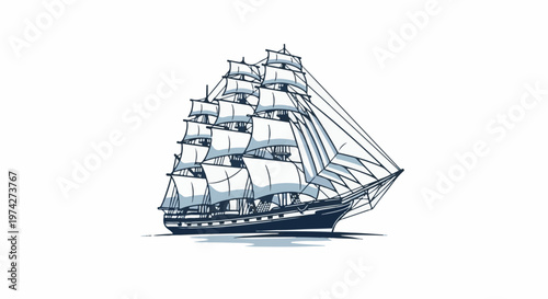 Majestic sailing ship with billowing sails and dark hull cutting through calm water