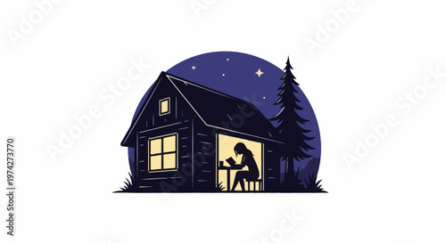 A cozy cabin glows at night with a person reading inside under a starry sky