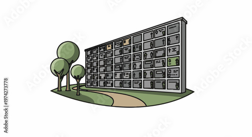 A cemetery columbarium stands tall amidst lush greenery with a winding path