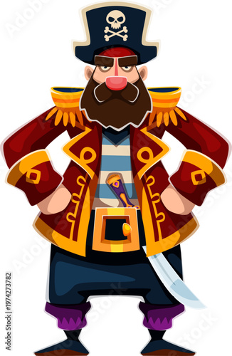 Cartoon pirate captain character, corsair seaman or boatswain with saber and tricorn hat. Isolated vector sea rover personage with beard and mustaches, ready for high seas adventures and treasure hunt