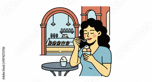 Woman happily eating ice cream in a shop