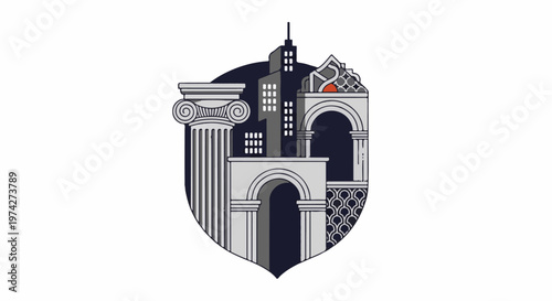 Stylized emblem combining classical architecture and modern city skyscrapers within a shield shape