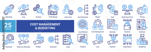 Cost management icon set with 25 icons including budget,expense,pricing,cost analysis,and financial control.Suitable for business,accounting,UI,and infographic design.