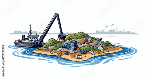Boat with crane cleans polluted island surrounded by water, industrial skyline in background
