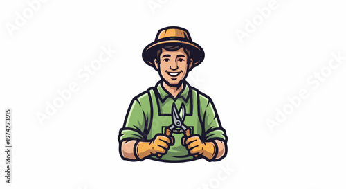 Cheerful person in gardening attire with shears, ready for outdoor work