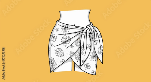 Line drawing of a sarong with a floral and tropical leaf pattern