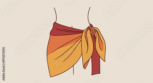 Woman's torso adorned with a flowing, knotted sarong in warm, gradient hues
