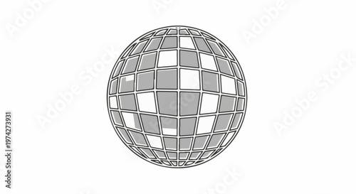 A stylized disco ball with a grid of square facets, rendered in monochrome with outlines