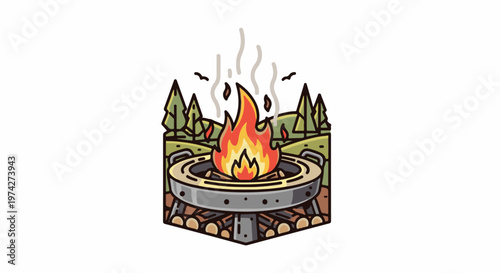 A vibrant campfire burns brightly in a portable fire pit, surrounded by logs, trees, and a grassy landscape under a smoky sky