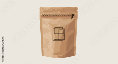 A brown resealable pouch with a black zipper and a minimalist geometric design