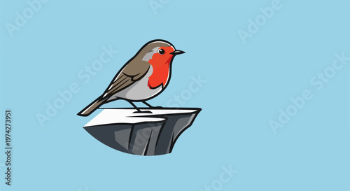 A cartoon robin perched on a rocky outcrop against a blue sky