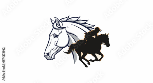 Majestic white horse head beside black silhouette of jockey on galloping steed