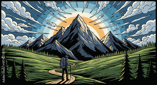 Hiker gazes at majestic sunlit peaks in a vibrant, stylized mountain landscape with dynamic clouds