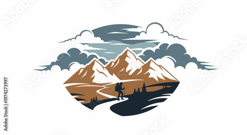 A lone hiker with trekking poles traverses a winding path towards majestic snow-capped mountains under a cloudy sky