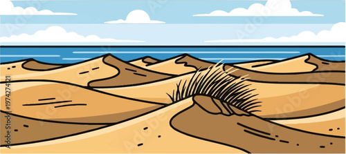 Rolling sand dunes meet a serene blue ocean under a cloudy sky