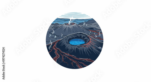 Two volcanic cones with lava flows and steam, within an oval frame