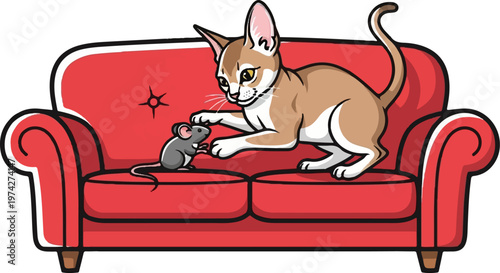 A cat gently touches a mouse while both sit on a red sofa