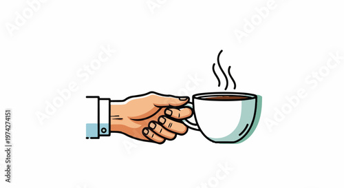 A hand in a shirt sleeve holds a steaming cup of dark liquid