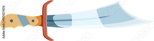 Cartoon pirate sword with a wide silver blade. Isolated vector corsair cutlass for naval fantasy games, cold steel arms, sharp ancient dagger, scimitar, medieval nautical sabre with curved blade