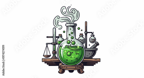 Bubbling green potion in a flask with scientific equipment