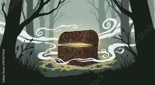 Ornate wooden chest glows with mystery amidst a dark, misty forest scene
