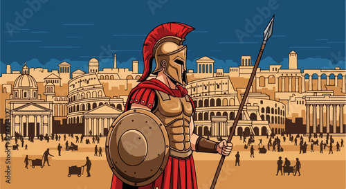 A pixel art depiction of a soldier in ancient Roman armor, spear, shield, with a cityscape backdrop