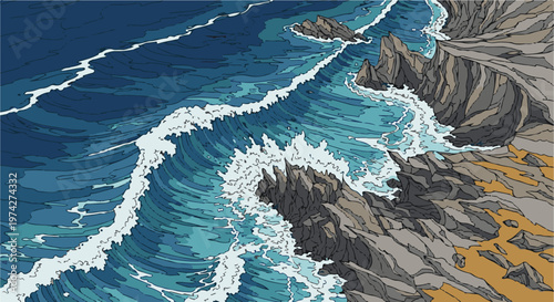 Dynamic ocean waves crash against rugged, rocky shores with a sandy beach in the background, illustrated in a bold, stylized manner