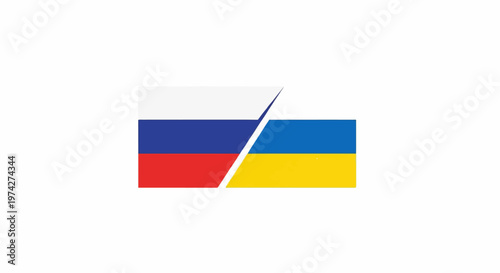 Two flags, Russia and Ukraine, divided by a sharp diagonal line