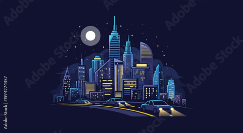 Pixel art cityscape at night with cars driving on illuminated road under moonlit sky