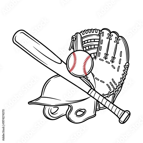 Baseball equipment: bat, ball, glove, and helmet, black and white illustration