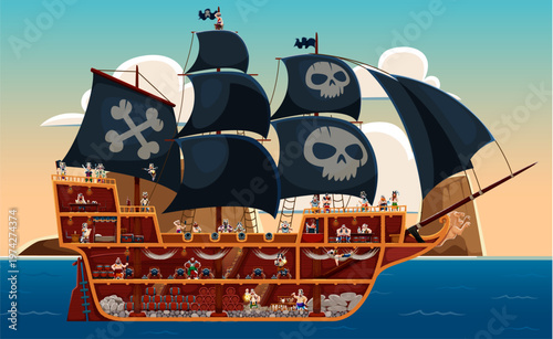 Cross section diagram of pirate corsair sailboat or frigate ship with detailed deck and interior compartments. Cartoon vector crew, captain, sailor characters inside wooden hull with cannon and barrel
