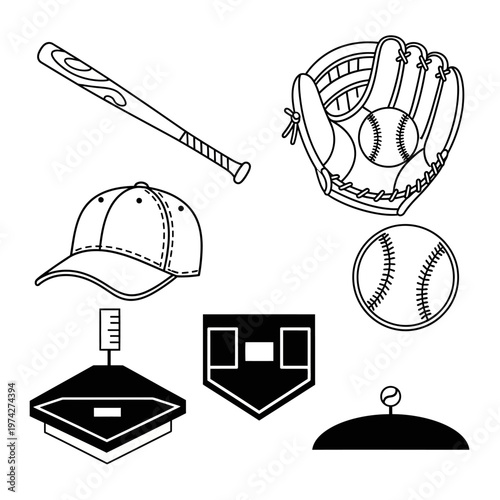 Baseball Equipment Collection: Bat, Glove, Cap, Ball, Bases, Home Plate