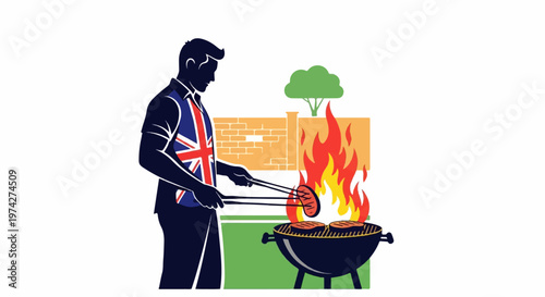 A man with a British flag design on his shirt is grilling food in a backyard