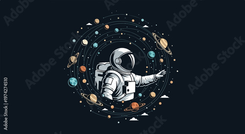 An astronaut in a spacesuit floats surrounded by planets and stars in a circular cosmic orbit