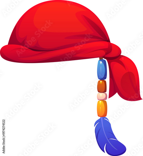 Pirate hat headband or corsair captain bandana headwear, cartoon vector. Caribbean pirate red bandana headband hat with gem beads and feather trinket pendant, sailor or boatswain or skipper hat