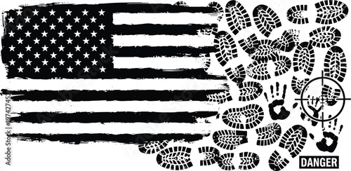 Vector illustration of distressed U.S. flag with boot prints, handprints, crosshair, and danger symbol in conceptual design