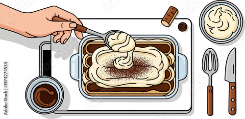 Overhead view of a hand adding cream to a layered dessert with chocolate and cookies, with tools nearby