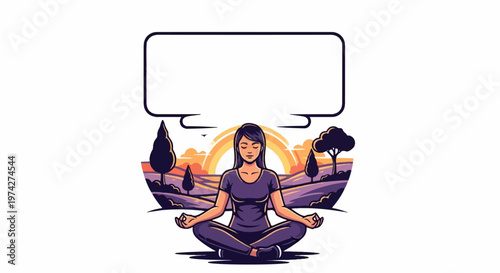 Serene woman meditating outdoors at sunrise with a blank speech bubble above