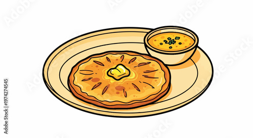A cartoon illustration of a golden-brown flatbread with butter and a small bowl of soup
