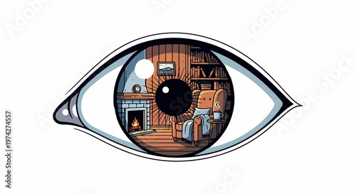 A cozy room with a fireplace, armchair, and bookshelf reflected within a stylized eye